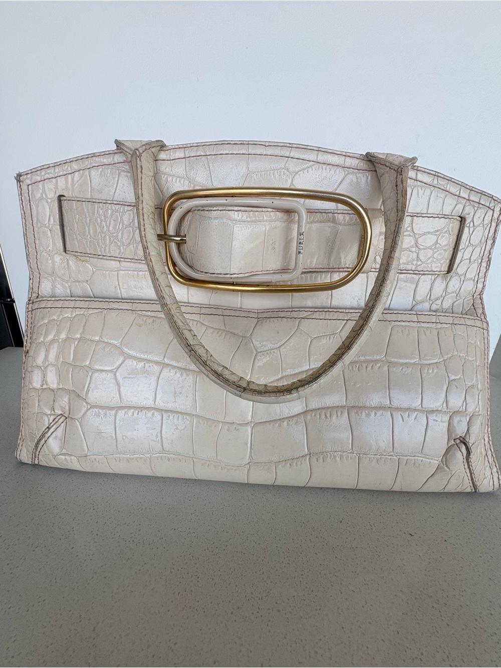 Cream Croc-Embossed Leather  with Gold Buckle